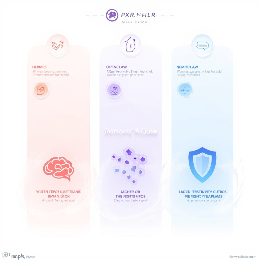 Infographic comparing Hermes (learning loop), OpenClaw (multi-channel messaging breadth), and NemoClaw (enterprise security layer) — the three open-source LLM agent harnesses Canadian marketing teams are evaluating in 2026