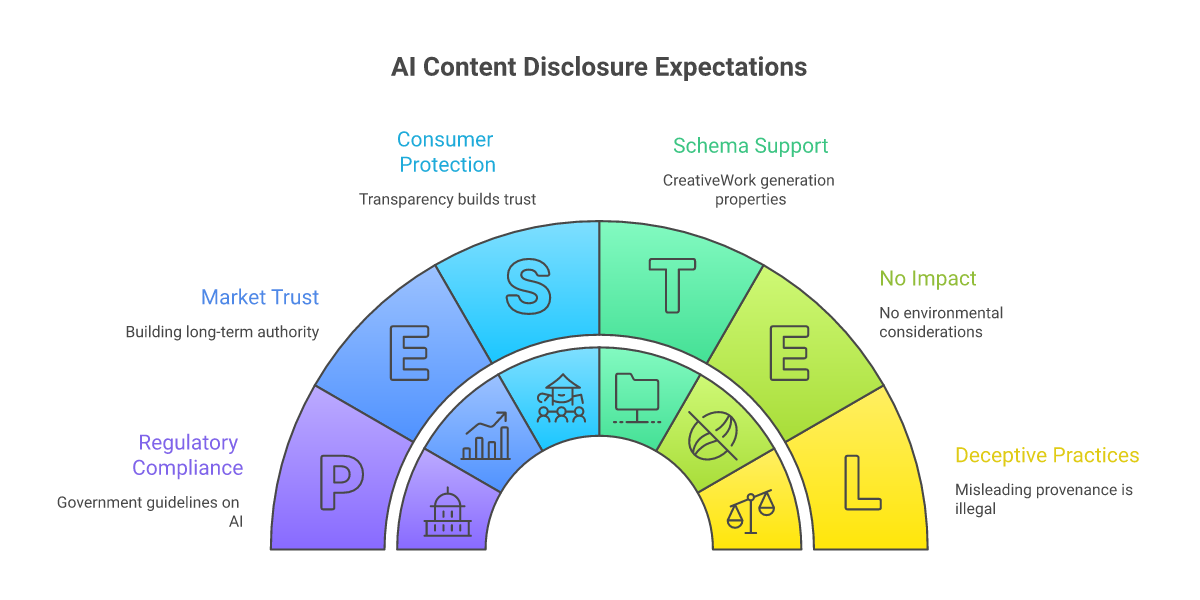 Infographic of AI content disclosure: Competition Bureau guidance, schema.org provenance properties, Quebec consumer law, public AI use policy, visible labels