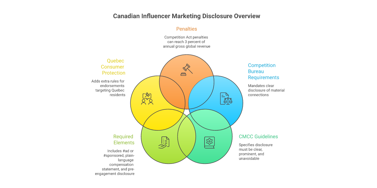 Infographic of Canadian influencer disclosure essentials: clear and prominent, hashtag at start, plain-language compensation, on-screen video overlay, bilingual where Quebec applies, 3% global revenue penalty risk