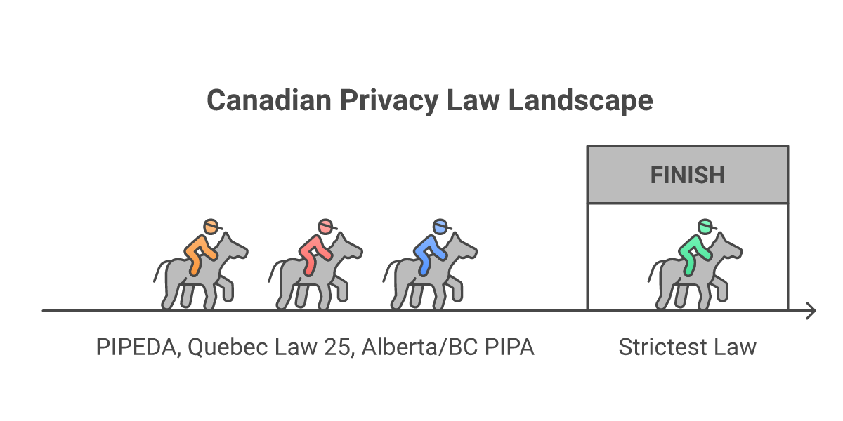 Infographic of layered Canadian privacy law: PIPEDA federal baseline, Quebec Law 25, Alberta and BC PIPA, plus CASL
