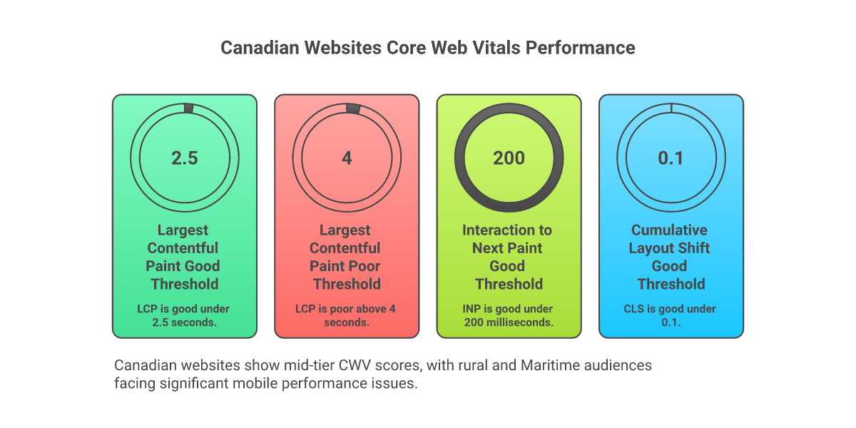 Infographic of Core Web Vitals 2026: LCP, INP (replacing FID), CLS thresholds, Canadian rural mobile gap, common failure points, fix priorities
