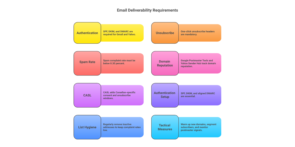 Infographic of email deliverability requirements 2026: SPF + DKIM, DMARC alignment, one-click unsubscribe, complaint rate under 0.30%, CASL overlay, postmaster monitoring