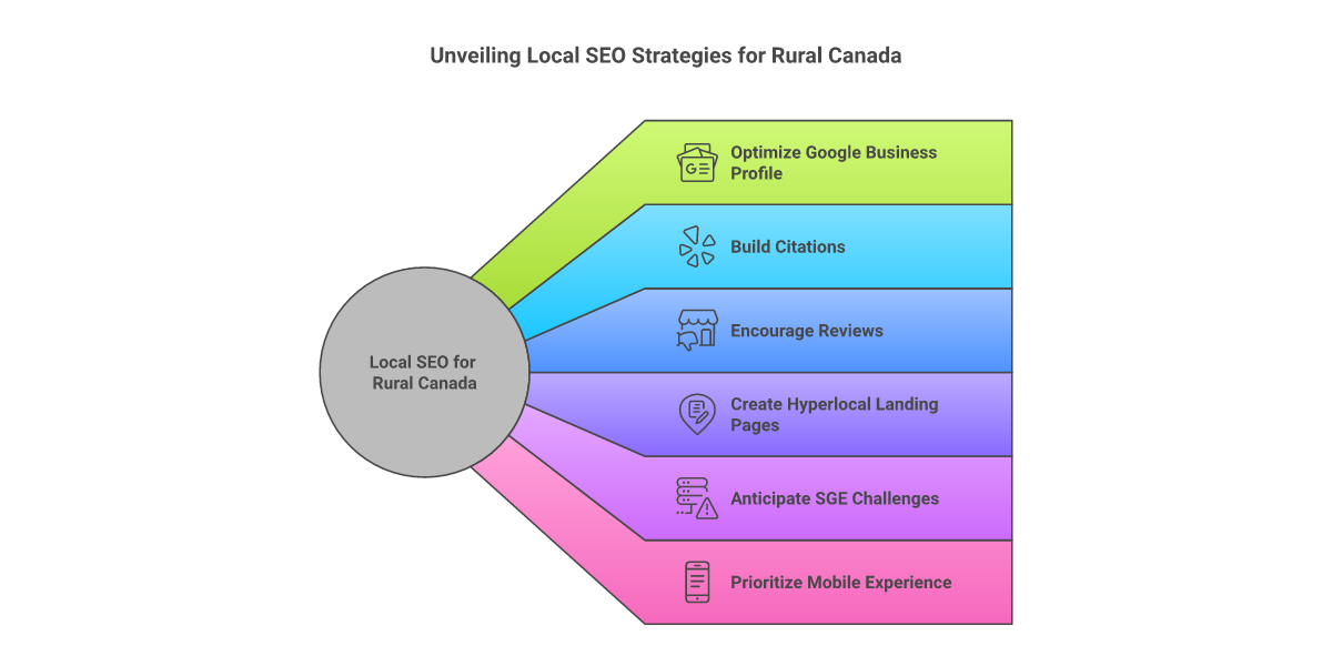 Infographic of rural Canadian local SEO essentials: service-area GBP, Canadian citations, location-anchored reviews, hyperlocal pages, mobile-first