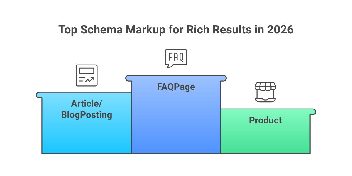 Infographic of schema types that earn rich results in 2026: FAQPage (institutional), Article, Product, LocalBusiness, Course/Recipe/HowTo/Event, plus AI citation eligibility